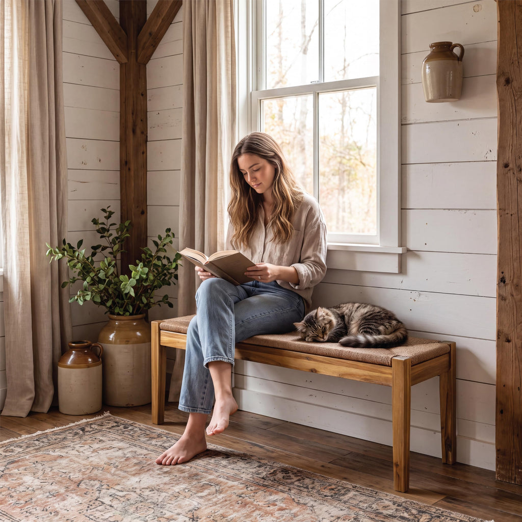 46-Inch Acacia Wood Bench with Woven Rope Seat, Indoor Entryway Bench