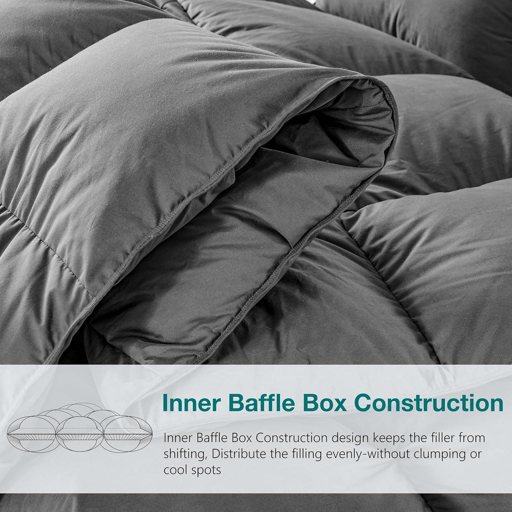 Pinch Pleat Goose Down Feathers Fiber Comforter Full/Queen All Season-Ultra Soft and Cozy Noiseless 