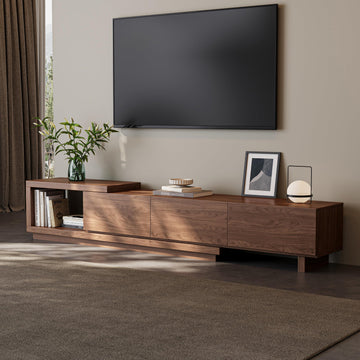 Extendable TV Stand for 65-100 Inches TVs - Walnut Entertainment Console with 3 Drawers & 1 Storage Compartment
