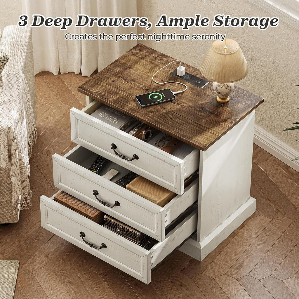Nightstand with Charging Station, 3 Drawer Night Stand Set of 2, 22 Inch Wider Side Table with Storage, Farmhouse
