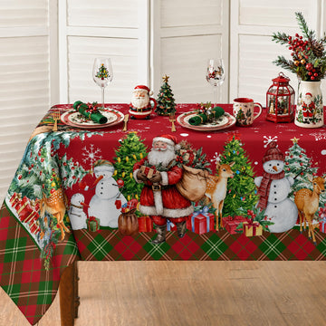Christmas Tablecloth 60x84 Inch, Santa Claus & Snowman Water Resistant Rectangular Table Cover, Farmhouse Winter