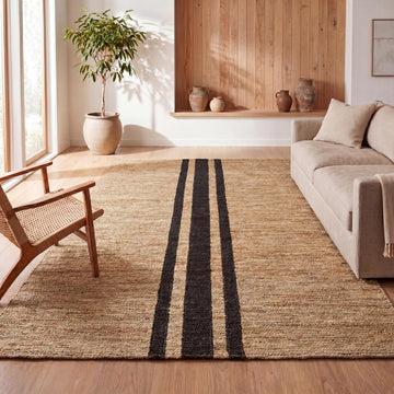 Olivier Beach House Wide Ticking Stripe Jute Natural/Black Indoor Area Rug, Rustic, Farmhouse, Easy-Cleaning