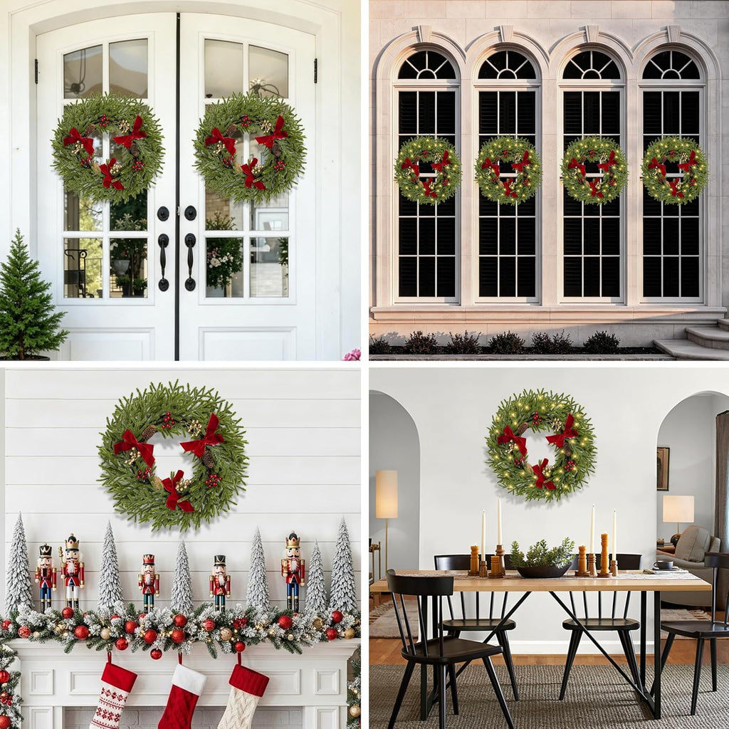 24" Pre-Lit Christmas Wreath for Front Door with 100LED Lights, Set of 2