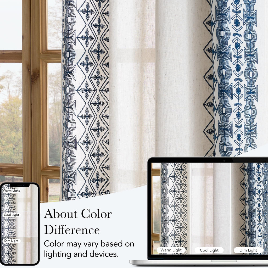 Boho Curtains with Navy Blue Trim 84" Long 2 Panels