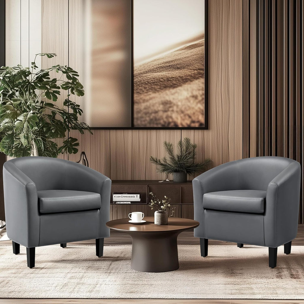 Accent Chairs, Faux Leather Barrel Armchairs Gray - Set of 2