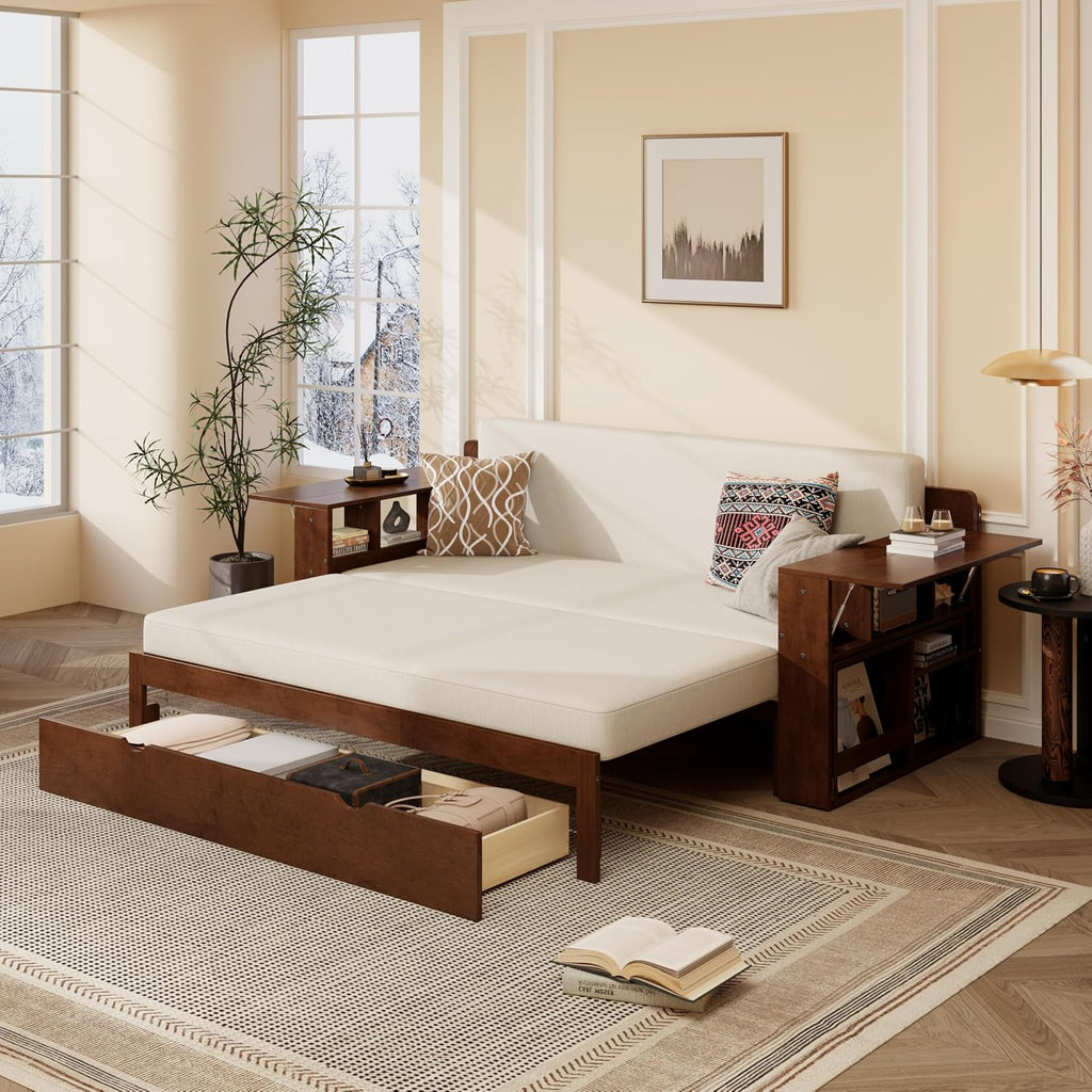 Queen Size Daybed with Pop Up Trundle and 2 Storage Drawers, Wooden Queen Day Bed Frame with Removable Desk