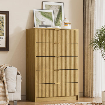 47.2" Tall Fluted Dresser with 5 Drawers, Natural Oak