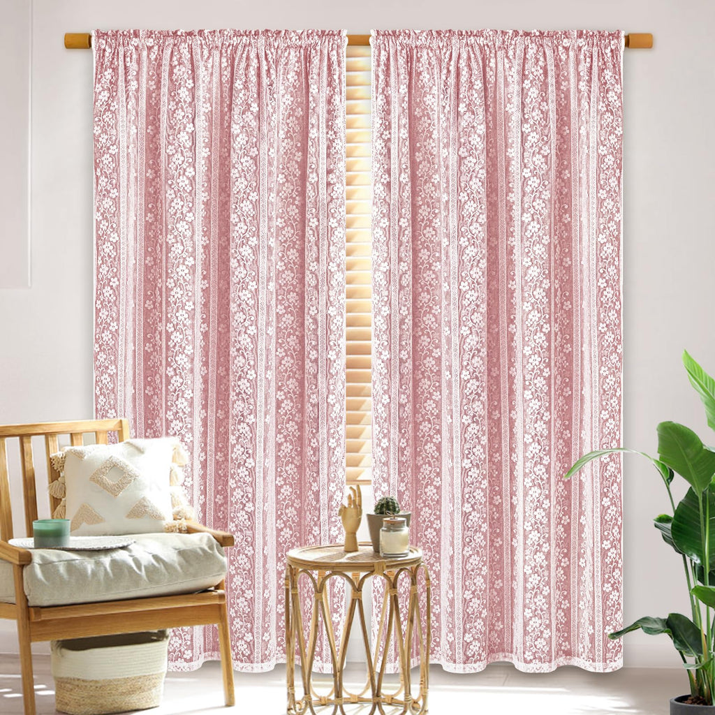 Linen Curtains Double Layers Curtains Farmhouse Window Curtain with Linen Lace, Light Filtering Curtain 63 Inch