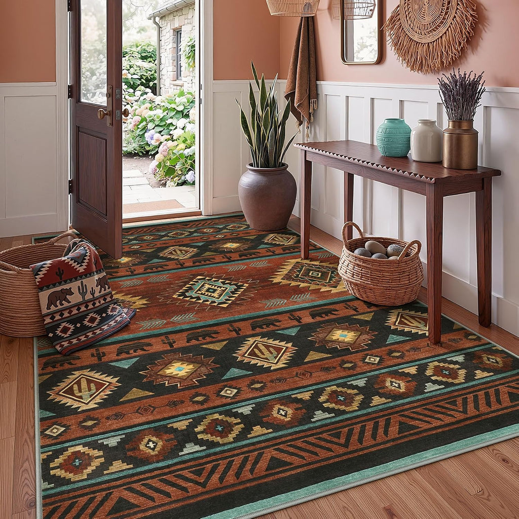 Southwestern 5x7 Red Washable Area Rugs for Living Bedroom