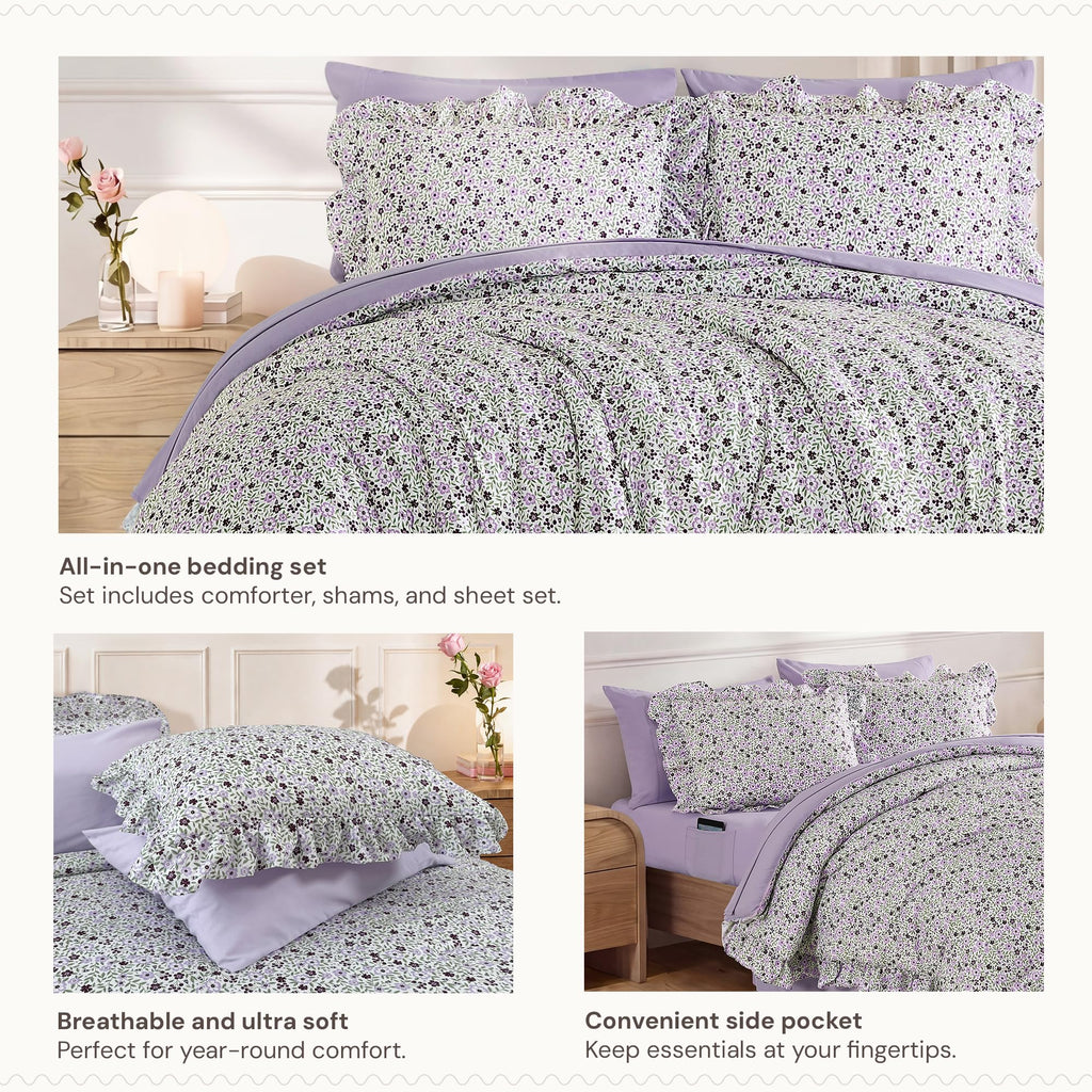 Comforter Set-7 Pieces Floral Ruffle Bedding Set