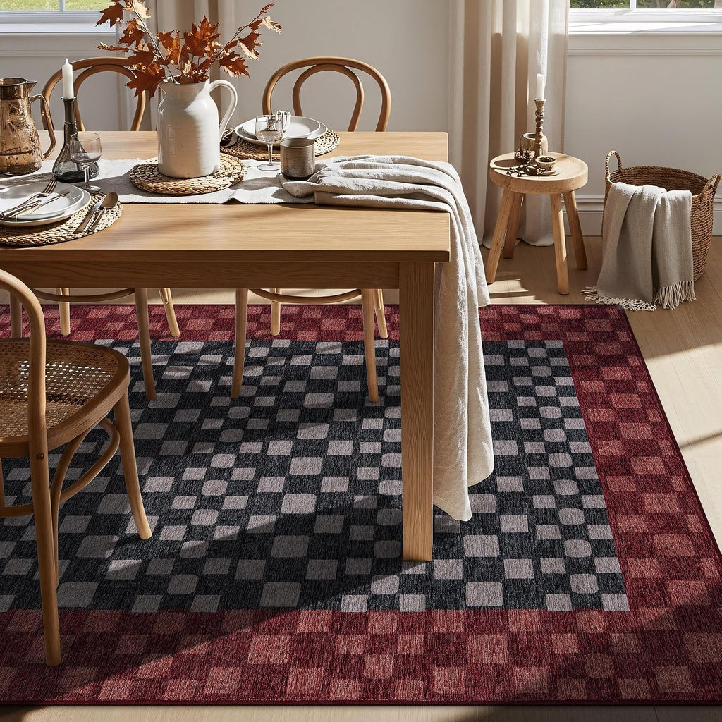 Checkerboard Washable Non-Slip Area Rug, Dark Gray/Red