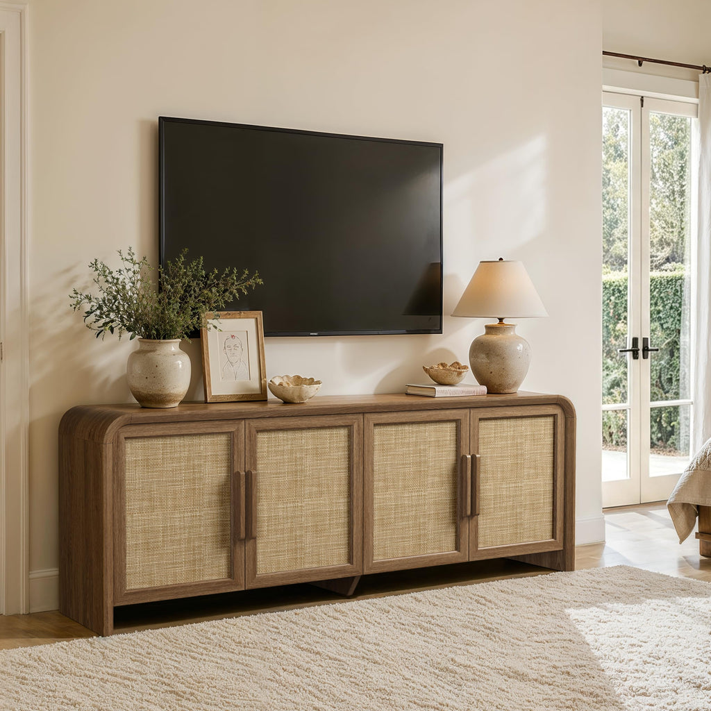 65'' Rattan TV Stand with Storage for 75" TV, Curved Edges Thicker Wood TV Consoles with Doors, Cable Management, Mid