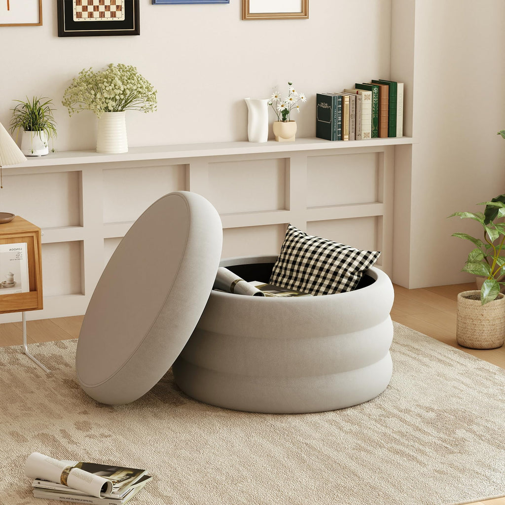 26.3" Wide Round Velvet Ottoman, Storage Foot Stool with Removable Top, Dressing Room and Bedroom, Gray