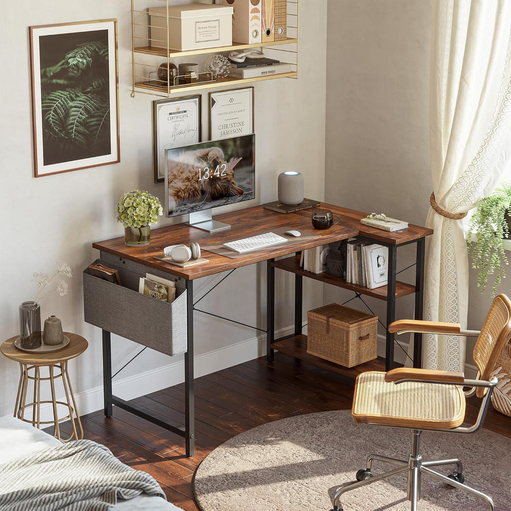 L Shaped Desk, 55" Computer Table with Reversible Storage Shelves Home Office Corner Study Writing Gaming, Brown