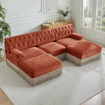 Luxury 106.1" U-Shaped Sofas with Tassel, Modular Sectional Velvet Terracotta 3 Seater Sofa Couch with