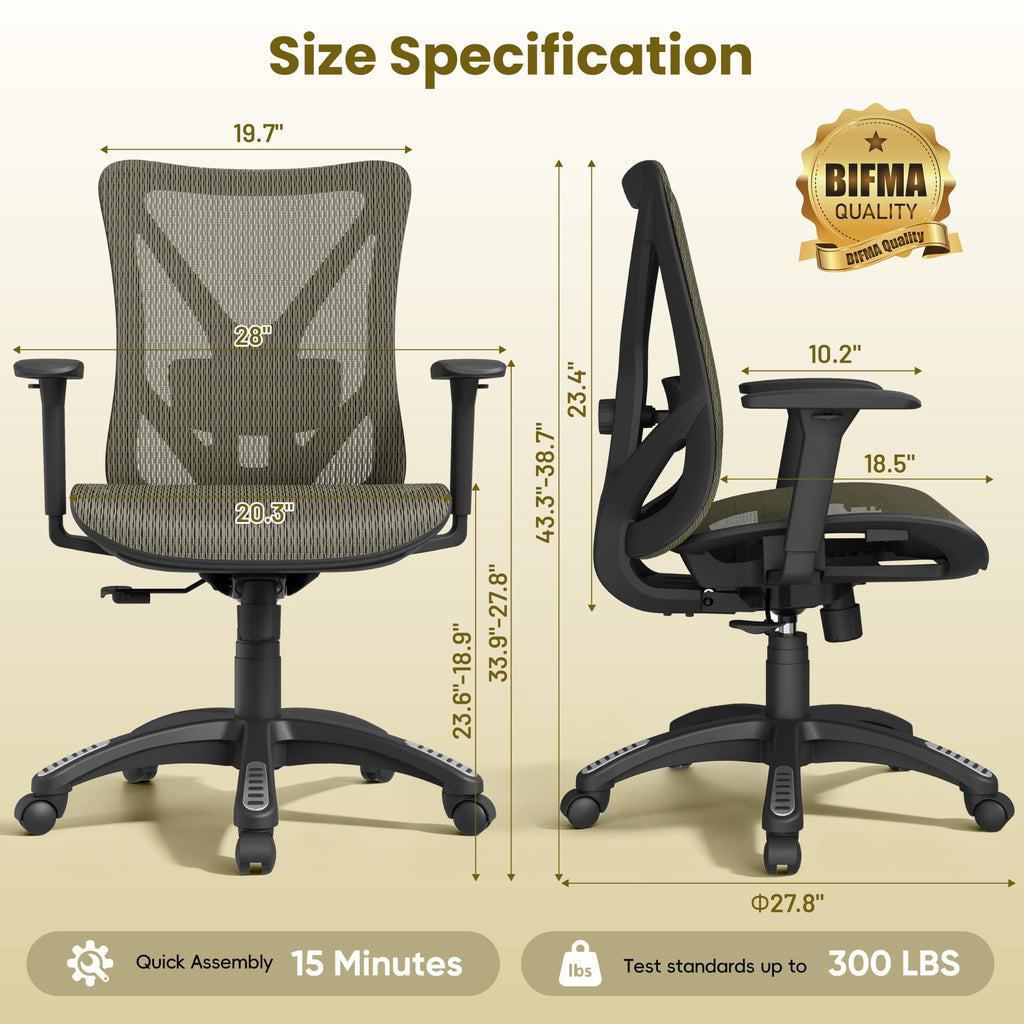 Ergonomic Office Chair, Mesh Computer Desk Chairs with BIFMA X5.1 Certified, Adjustable Lumbar Support, 3D Arm, Tilt