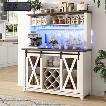 47" Wide 56" H Farmhouse Coffee Bar Cabinet with Power Outlet and LED Light, Wine Bar Cabinet w/3 Storage Hutch(White)