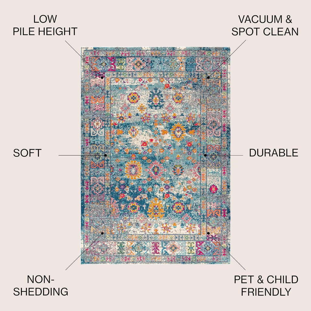 Boho Vintage Navy/Cream Indoor Area Rug, Bohemian Flair Medallion, Chic, Floral, High Traffic, Pet Friendly