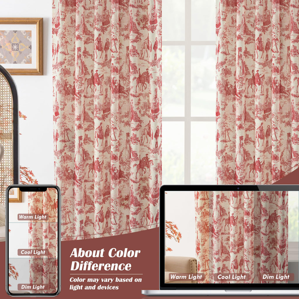 100% Blackout Curtains Toile Linen Back Tab, W52xL84, Red