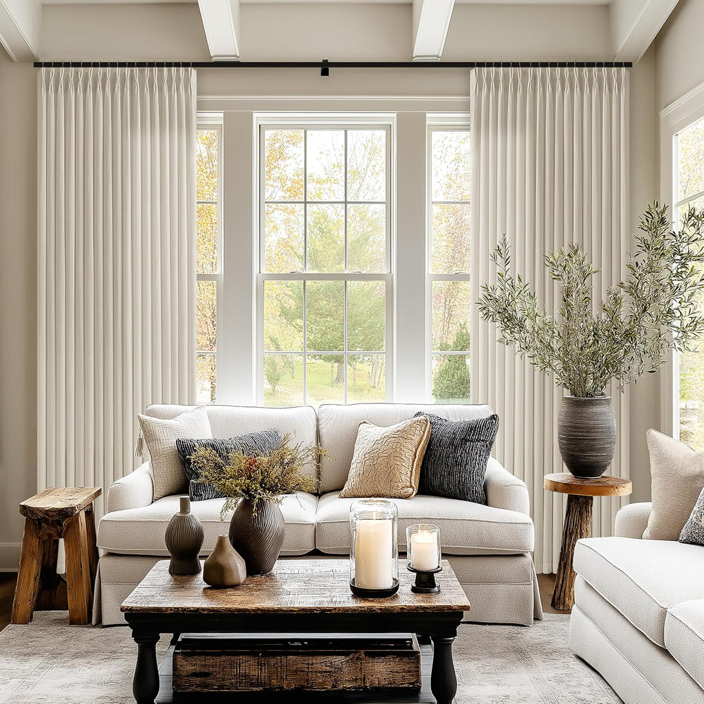 105 Inch Linen Curtains Pinch Pleated 2 Panels for Living Room Dining Light Filtering Semi Sheer Memory Trained Pinch