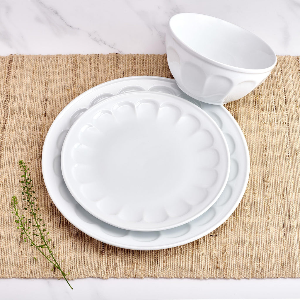 And Floyd Everyday Vintage Scalloped Porcelain 12 Piece Dinnerware Plate Bowl Set, Service for 4