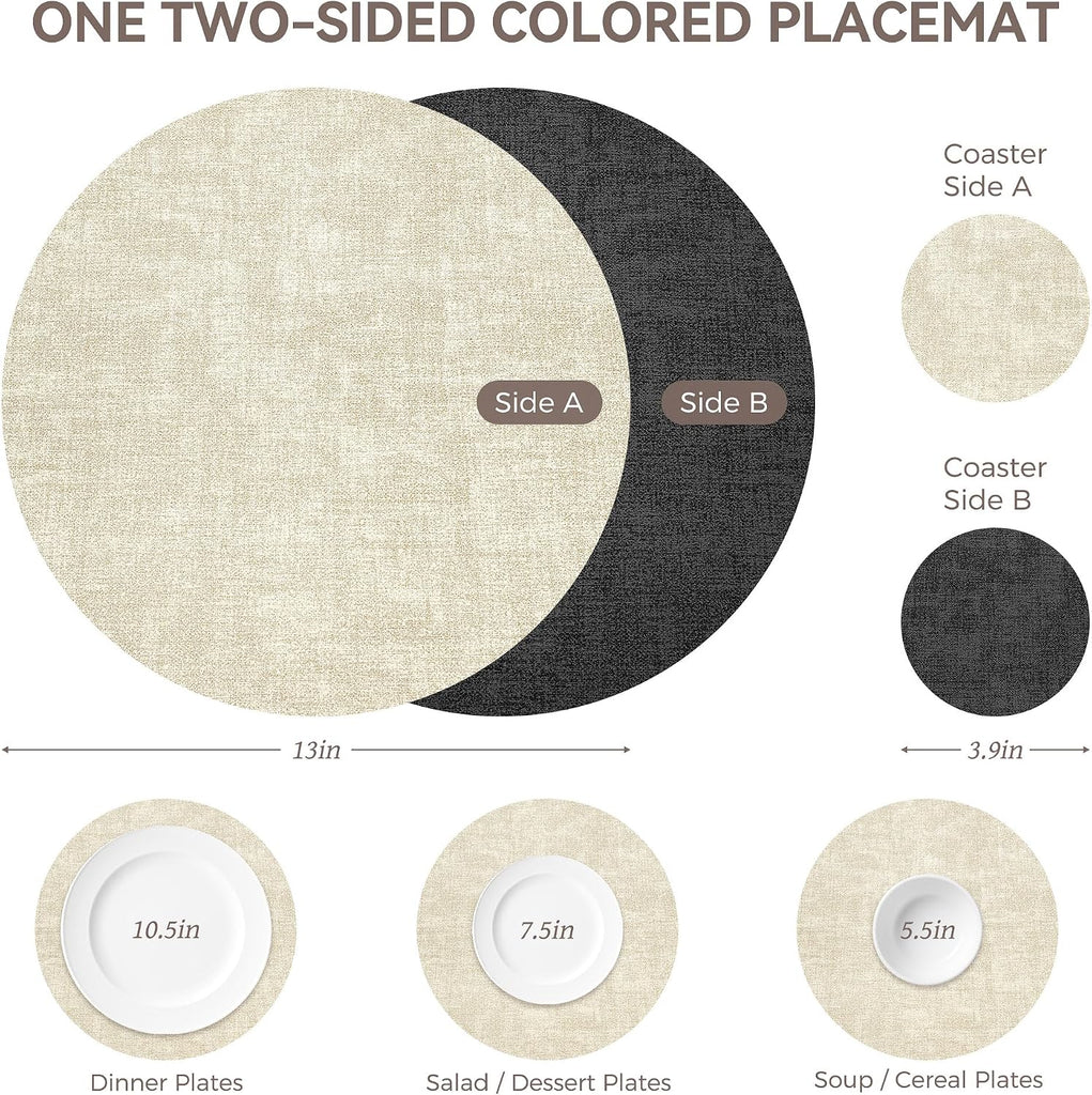 13" Faux Leather Round Placemats, Reversible Dual-Color - Set of 4