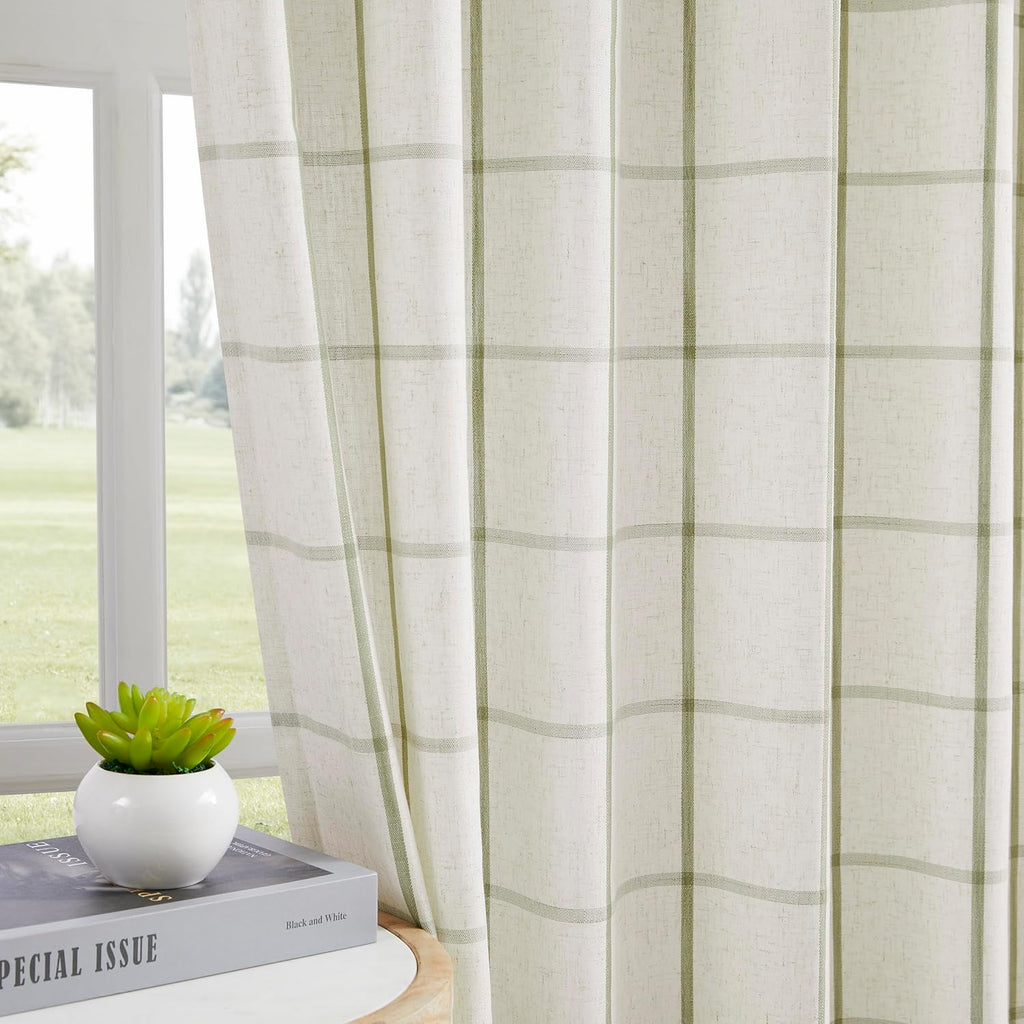 Sage Green Plaid Linen Pinch Pleated Semi Sheer Curtains Checkered Light Filtering Window Panels 84 inches Long for