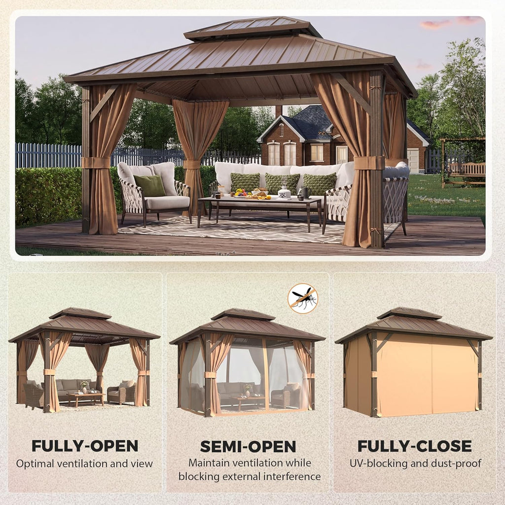 10' x 12' Gazebo Hardtop with Aluminum Frame,Galvanized Steel Double Roof Gazebos with Curtain and