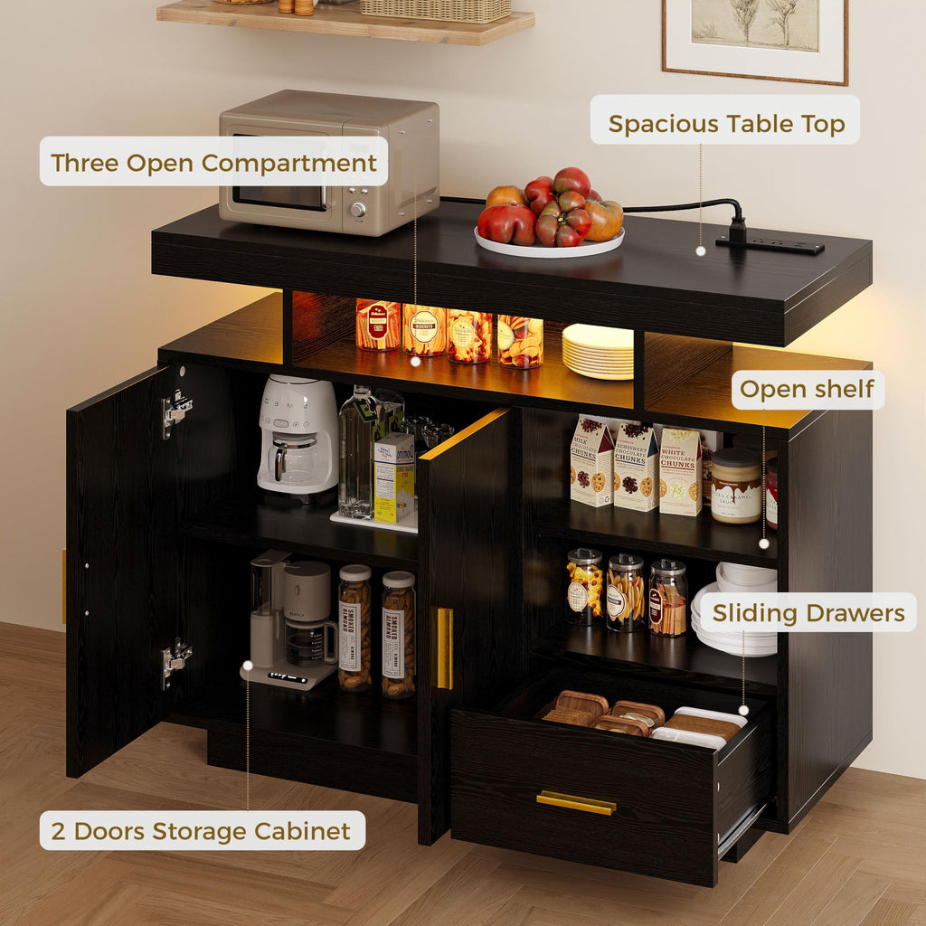 Coffee Bar Cabinet, Buffet Cabinet with Storage and Outlet, Black