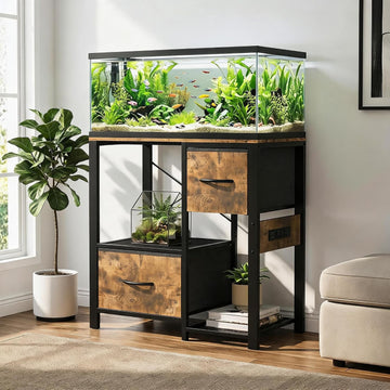 20-29 Gallon Fish Tank Stand, Aquarium Stand Shelf with 2 Drawers and Power Outlet, Heavy Duty Metal Frame, for Fish