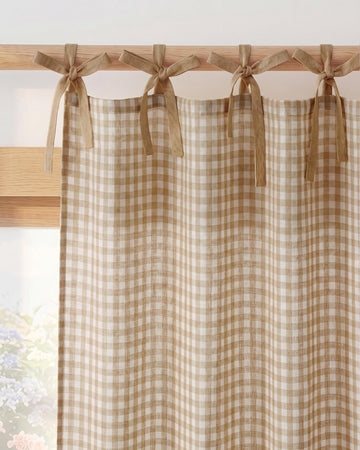 Linen Blend Taupe Gingham Curtains, Tie Top Bow Knot Home Decor Checkered Drapes Farmhouse Semi Sheer Plaid Window