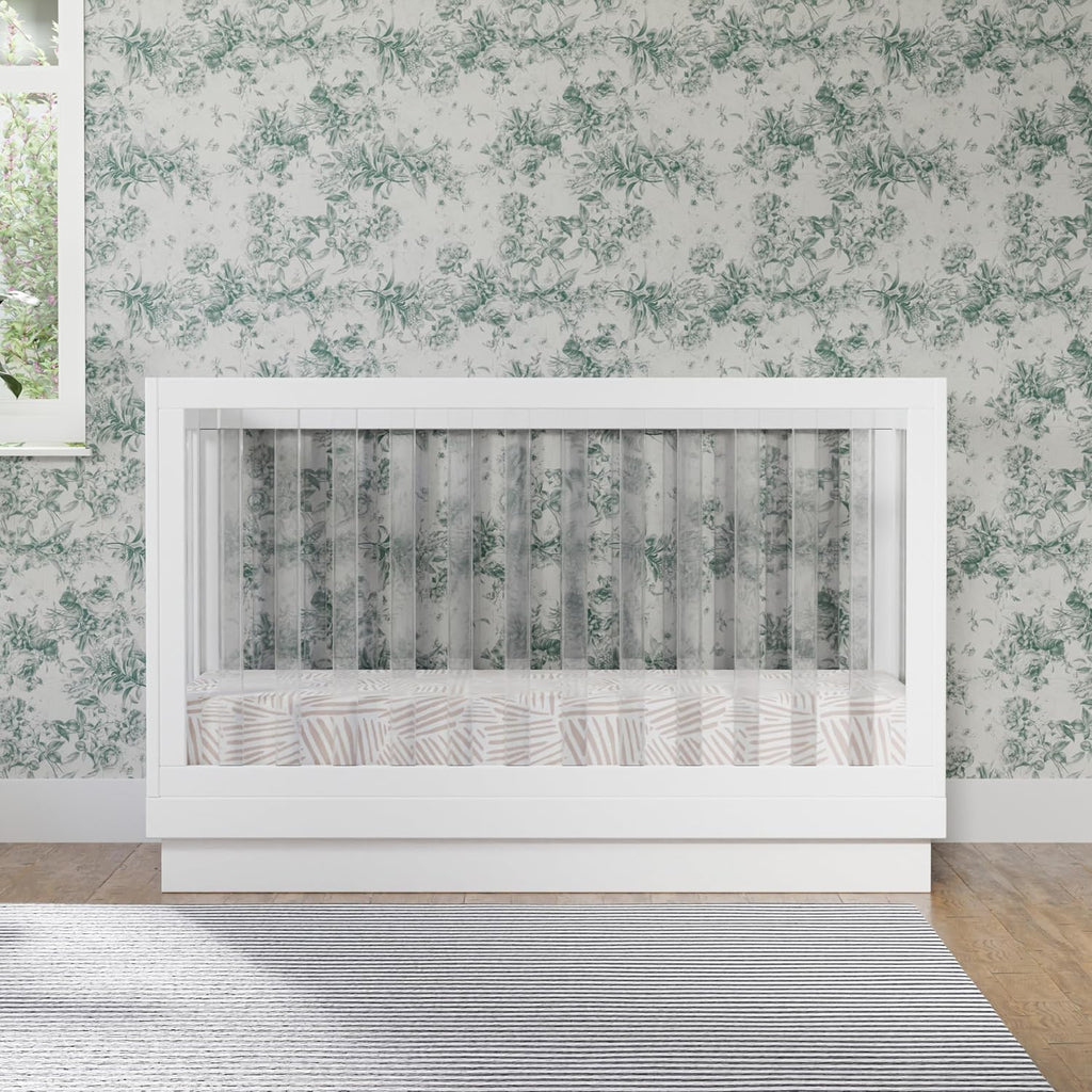 Harlow Acrylic 3-in-1 Convertible Crib with Toddler Bed Conversion Kit in White with Acrylic Slats, Greenguard Gold