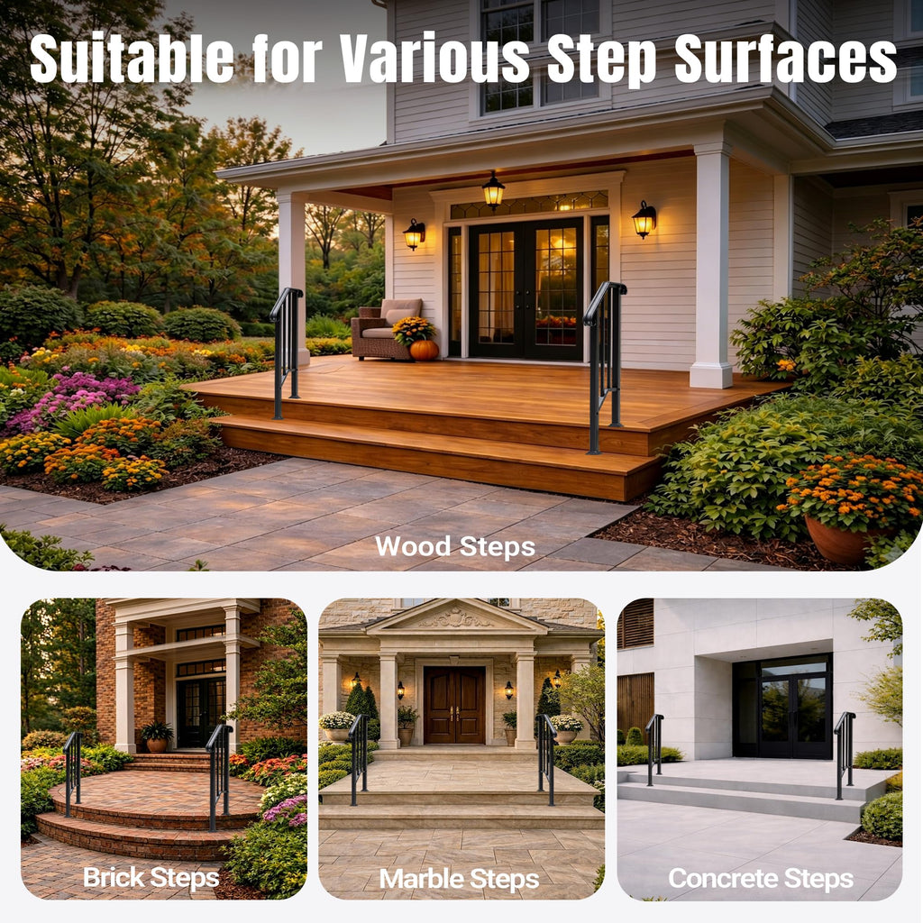 2 Step Handrails for Outdoor Steps, Wrought Iron Stair Railing Fits 1 or 2 Steps, Metal Hand Rail with Installation