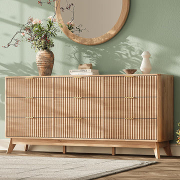 63'' Wide 9 Drawers Dresser ,Modern Fluted Vertical Chest with Rounded Corners,Fluted Dresser , Natural Wood