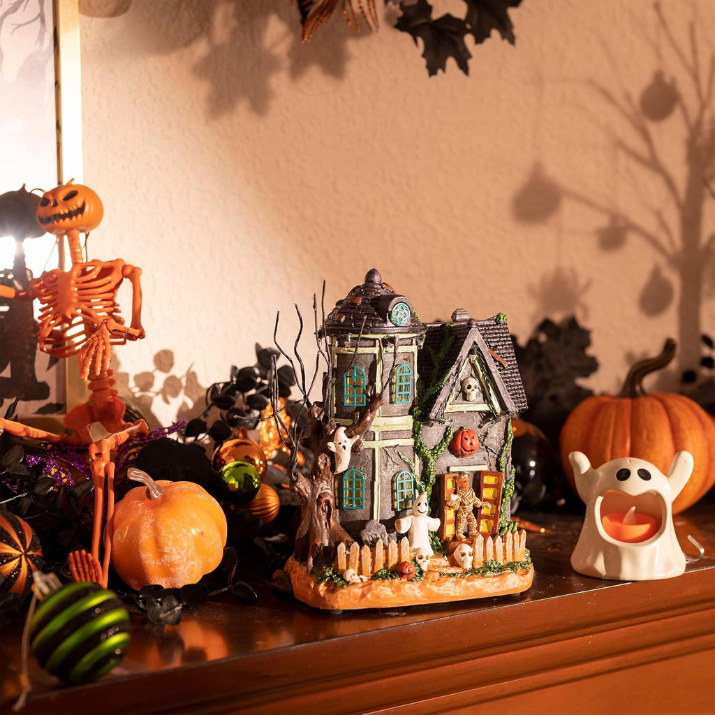 Halloween Decorations, Lighted Halloween Village Houses with Music and LED Lights, Resin Spooky Town Mummy's Haunted