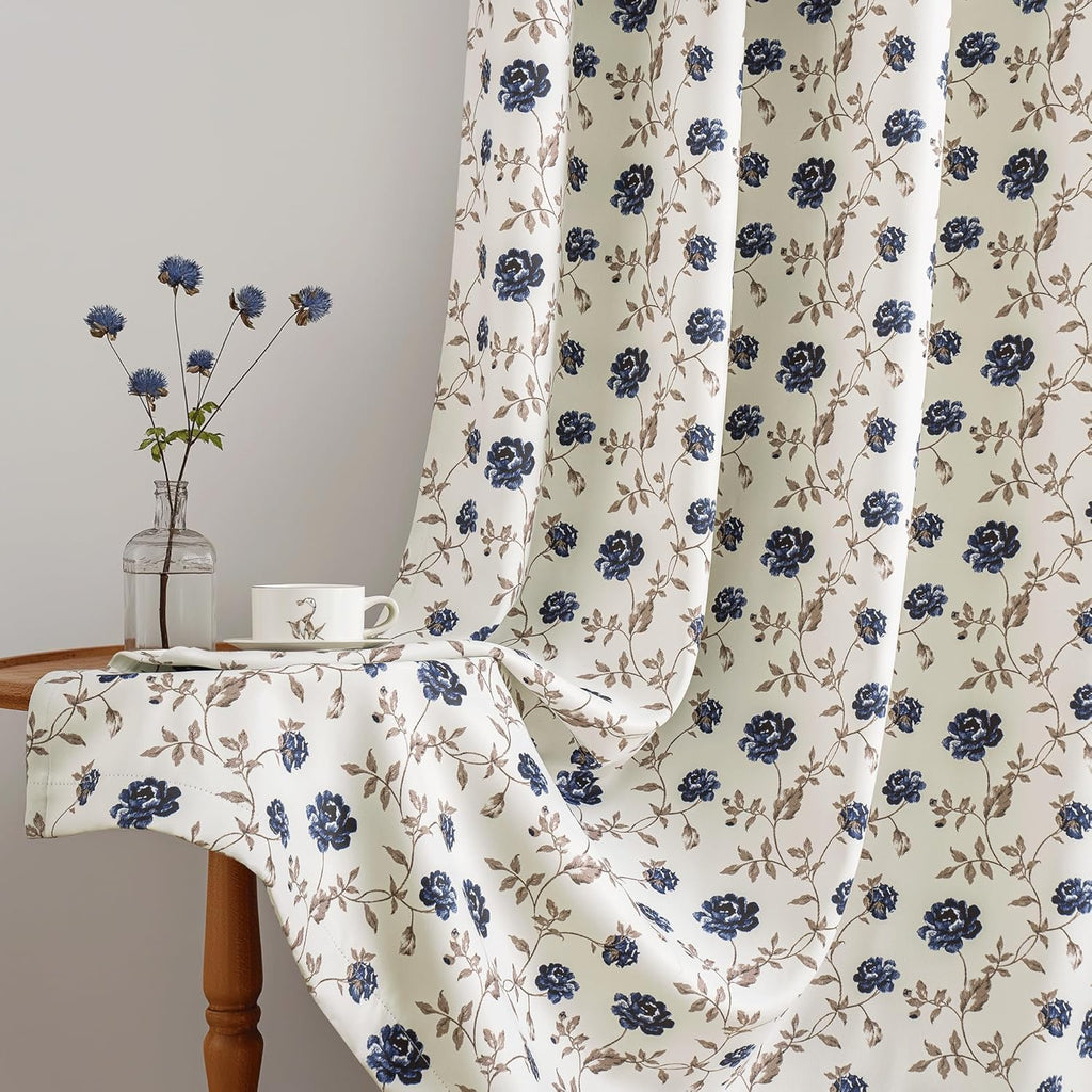 Floral 100% Blackout Curtains 84 Inches Long 2 Panels for Bedroom Living Room Blue Brown on Beige Vintage Rose Flower