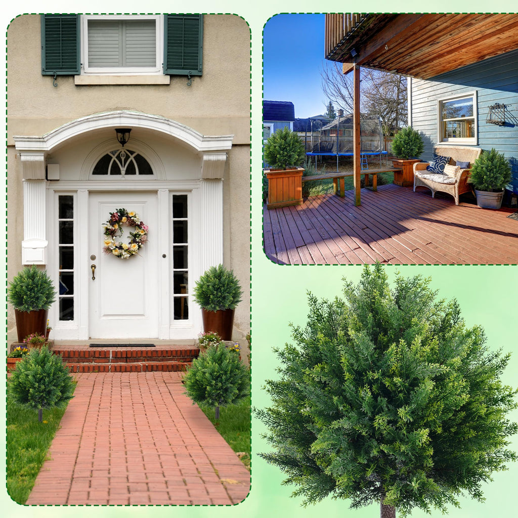 27.6'' Artificial Cedar Topiary Ball Trees (2 Pack), UV Resistant Faux Evergreen Shrubs with Ground Spikes, Realistic