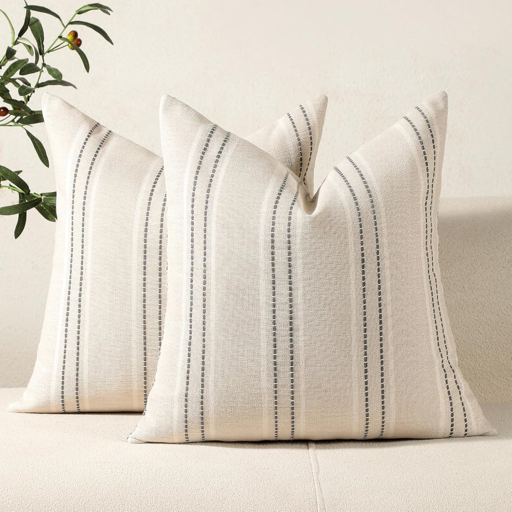 Decorative Pillow Covers 18x18 Striped Throw Pillows Textured Linen Pillow Covers Farmhouse Decor Cushion Covers, Grey