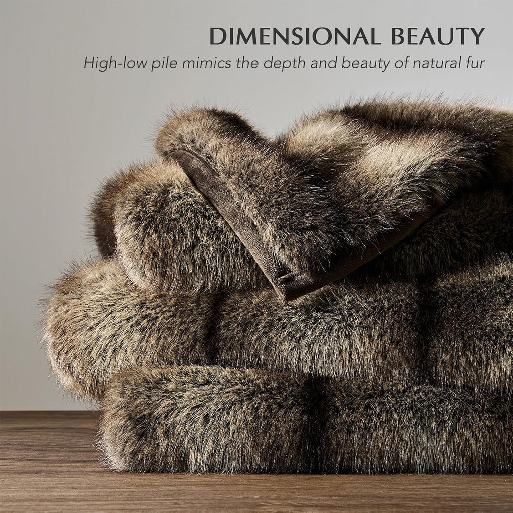 Luxury Faux Fur Throw Blanket, 50"x60", Ombré Sable Brown | Fluffy Faux Mink Blanket, Soft Cozy Plush, Thick Warm
