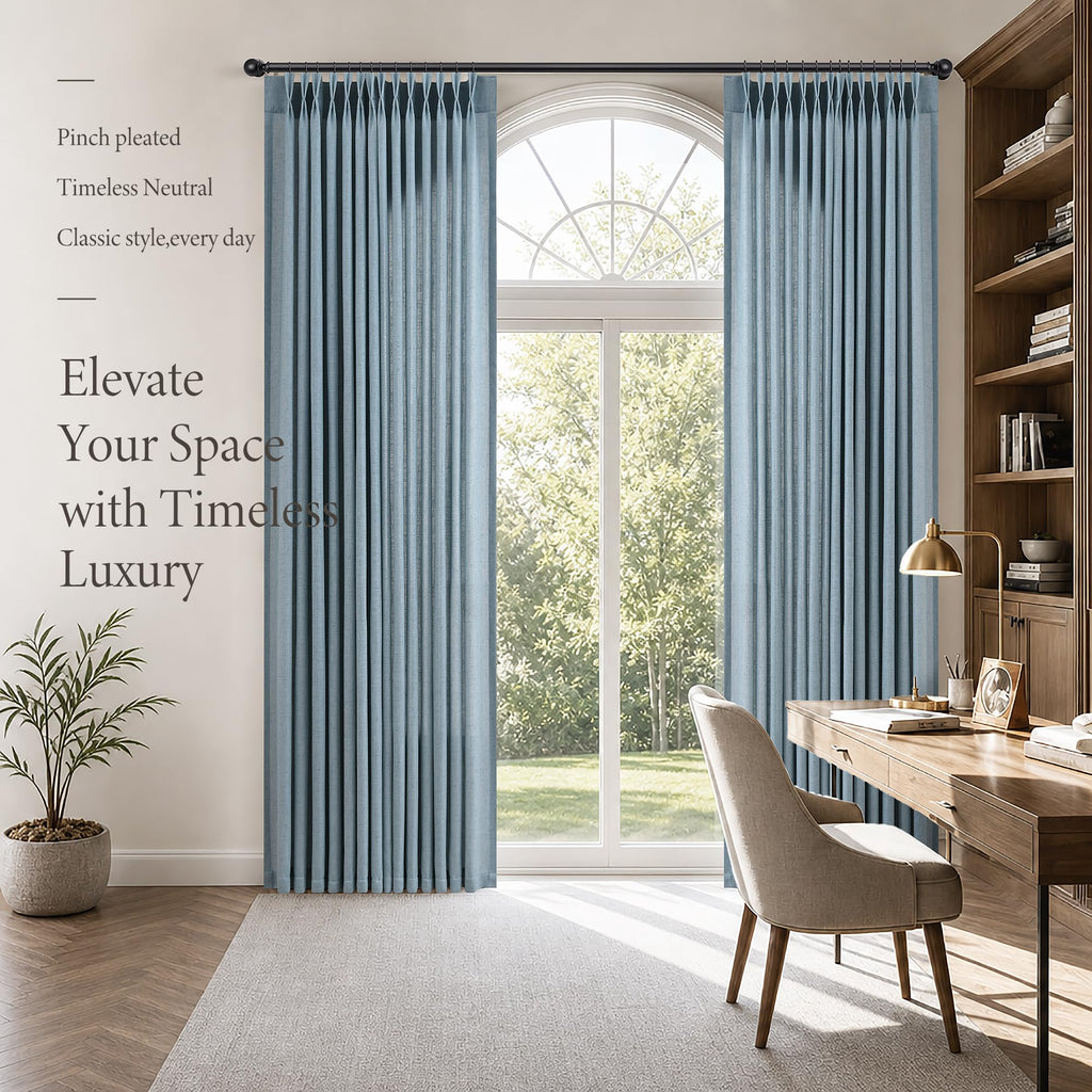 Blue Pinch Pleated Linen Curtains 84 Inches Long