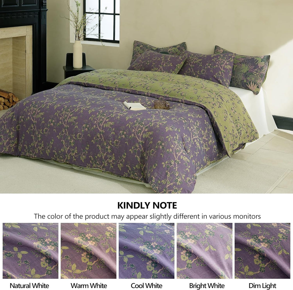 Muslin Duvet Cover Set Queen, 100% Washed Cotton 3 Pieces Yarn-Dyed Vintage Floral Jacquard Textured Bedding, Soft &