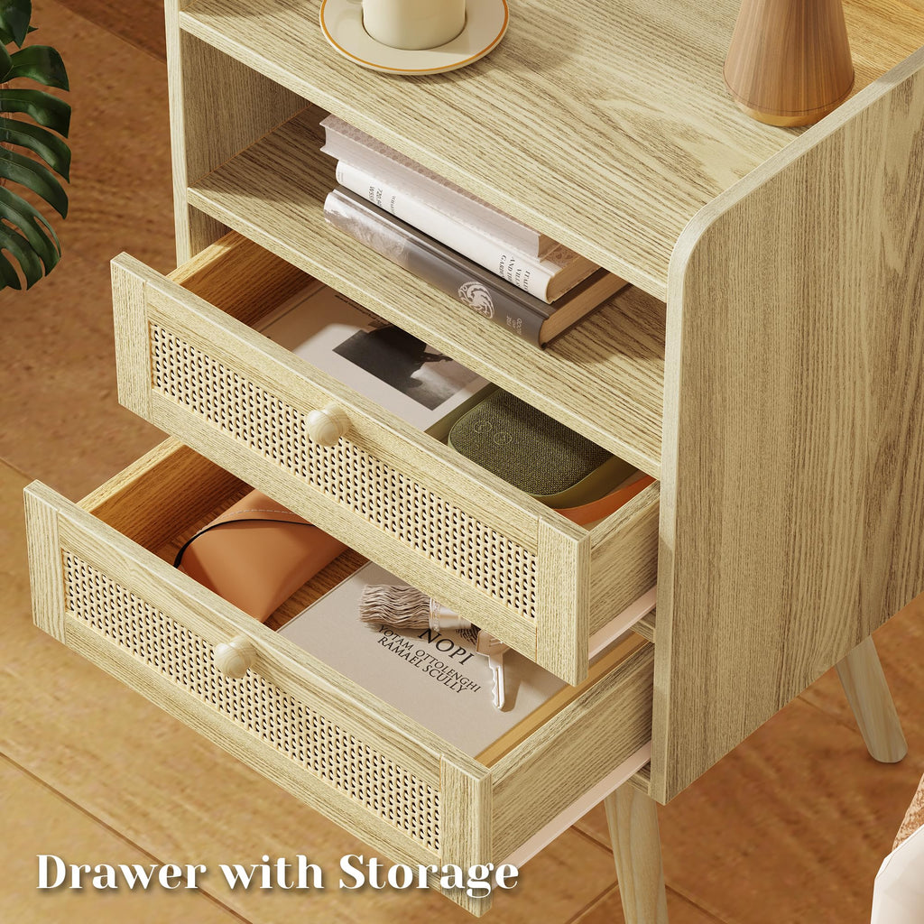 Night Stand with Charger Station, Boho Rattan Nightstand Set of 2