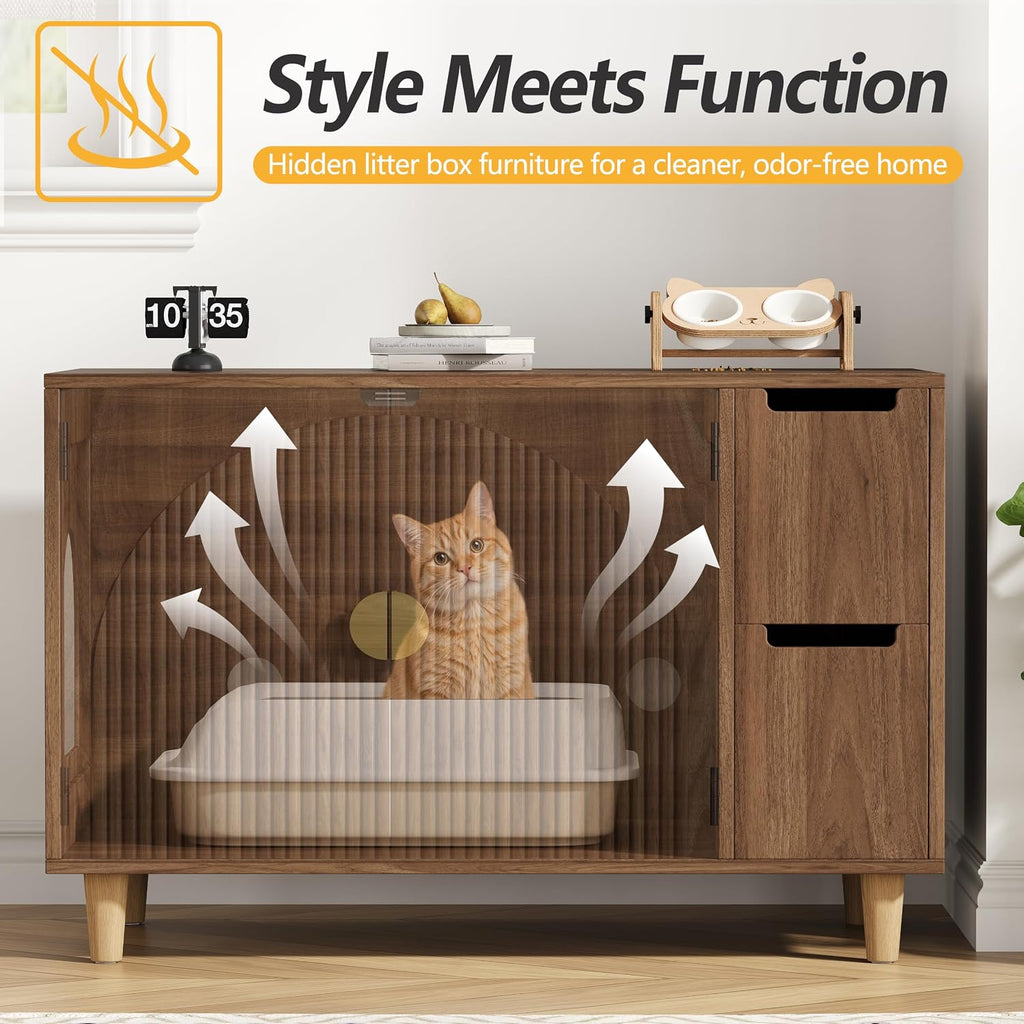 35.4" Wooden Fluted Cat Litter Box Enclosure with 2 Layer Drawers