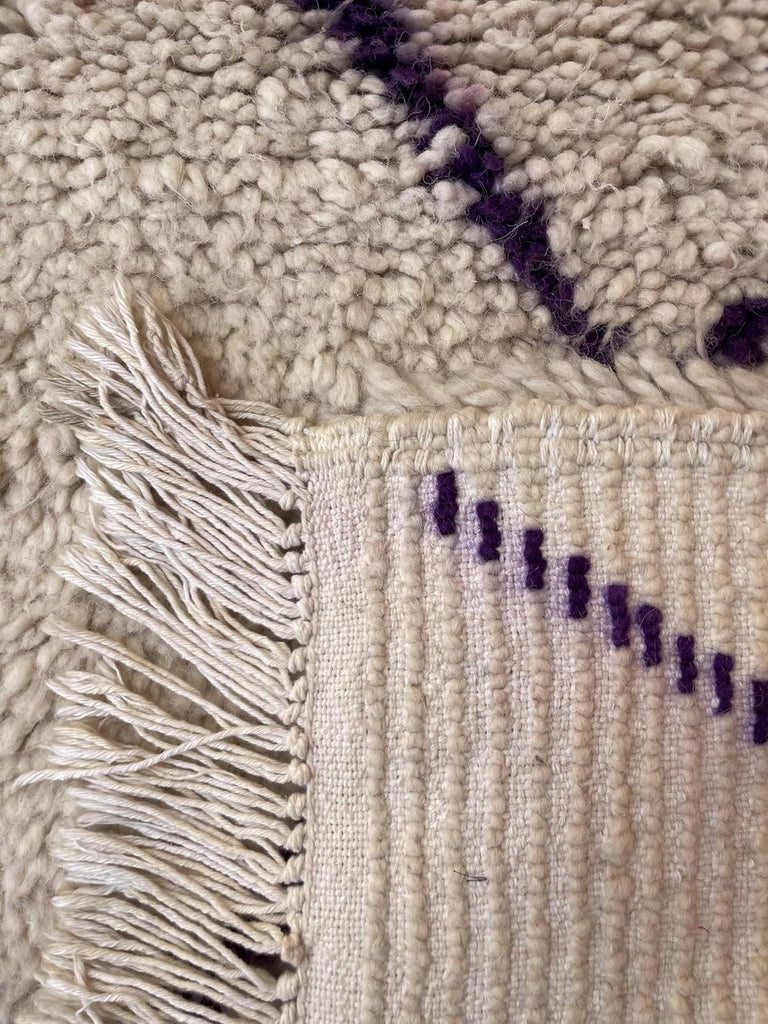 Handmade Moroccan Berber Area Rug, 100% Wool High Pile Shag, Beni Ourain Style, Ivory/Cream with Purple
