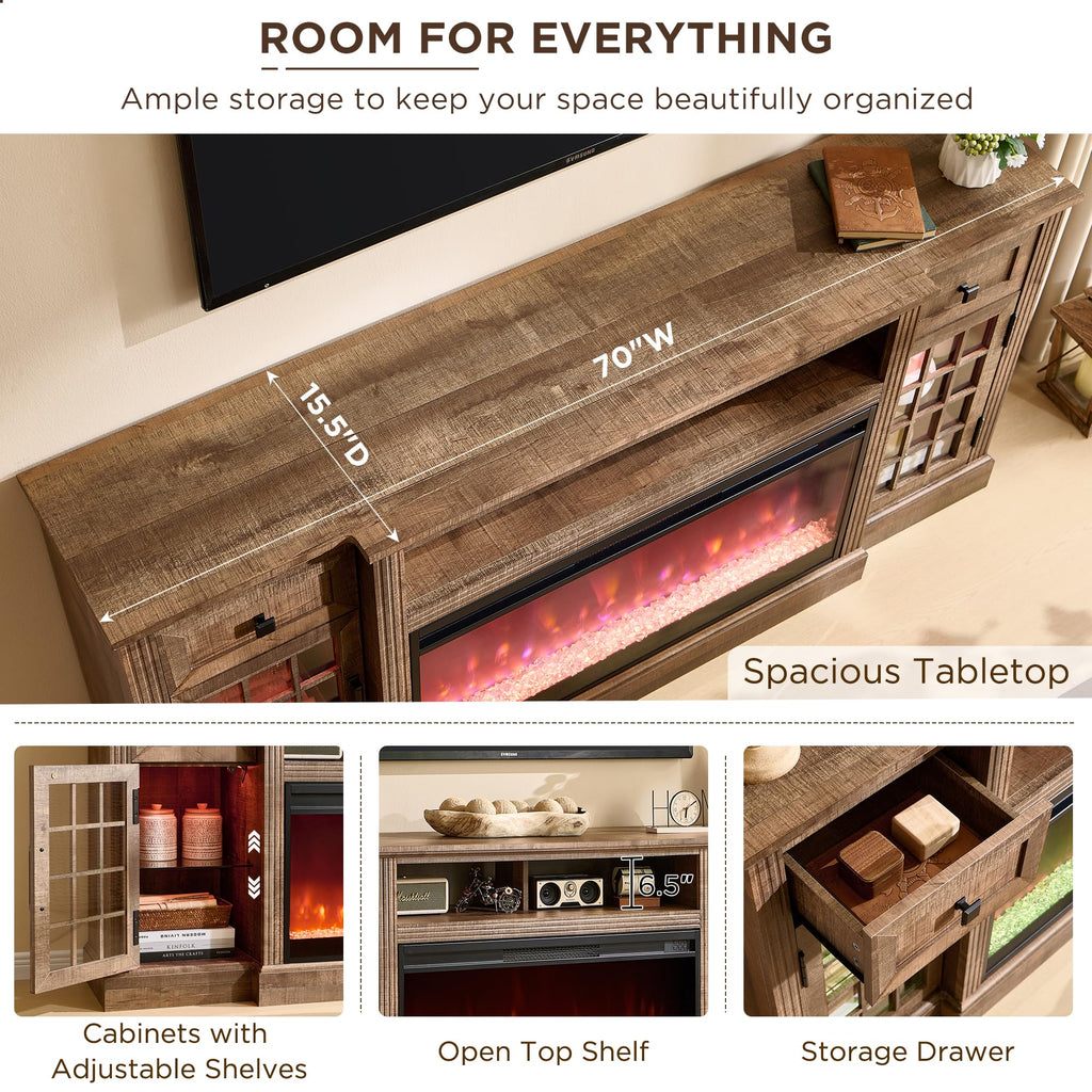 Fireplace TV Stand for 80 Inch TV, Farmhouse Highboy Entertainment Center w/LED Lights & 36" Electric Fireplace