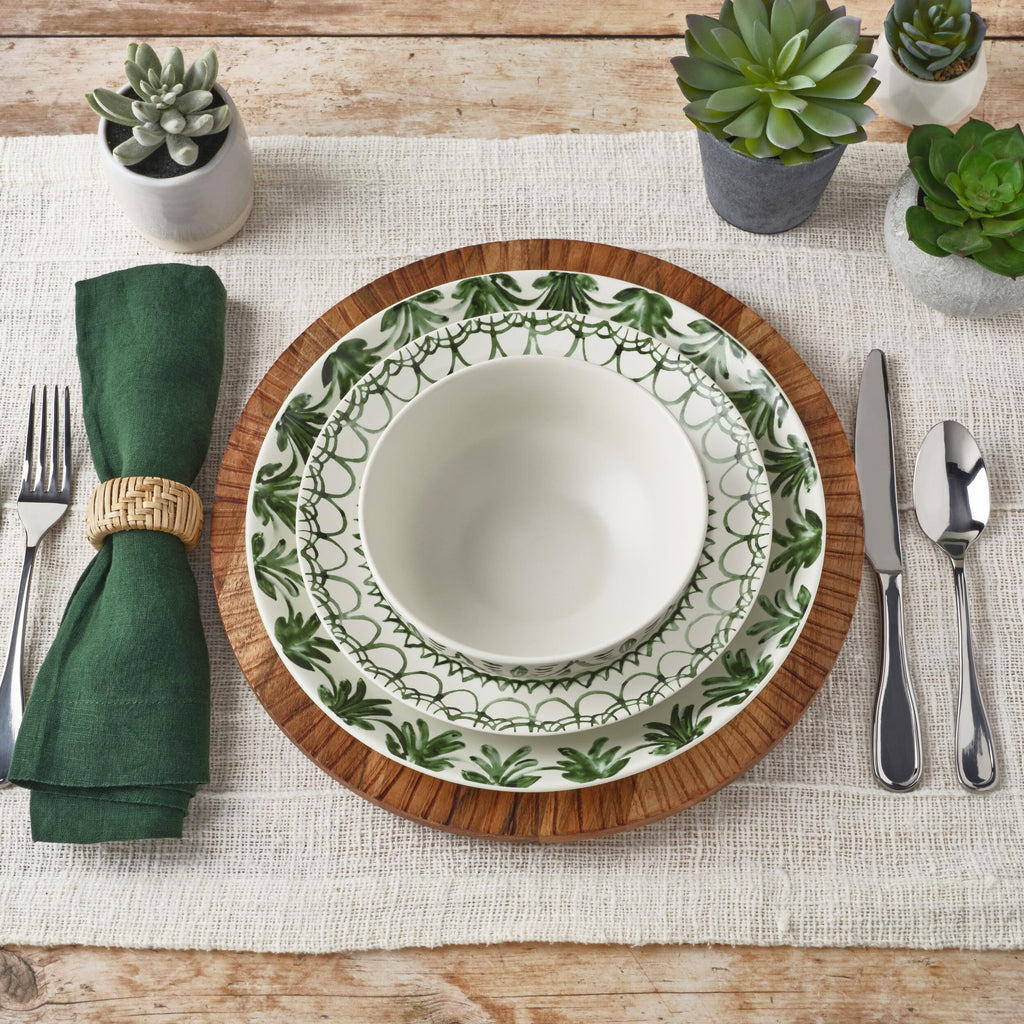 And Floyd Sicily Green 12-Piece Dinnerware Set - Stoneware Plates and Bowls Set for 4, Floral Green and White Dish