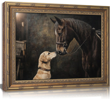 Gold Framed Vintage Horse And Dog Canvas Wall Art Rustic Farmhouse Retro Animal Landscape Painting Picture Wall Decor