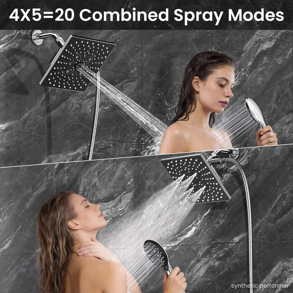 Multi-Function Rain Shower Head with Handheld, High Pressure, Square