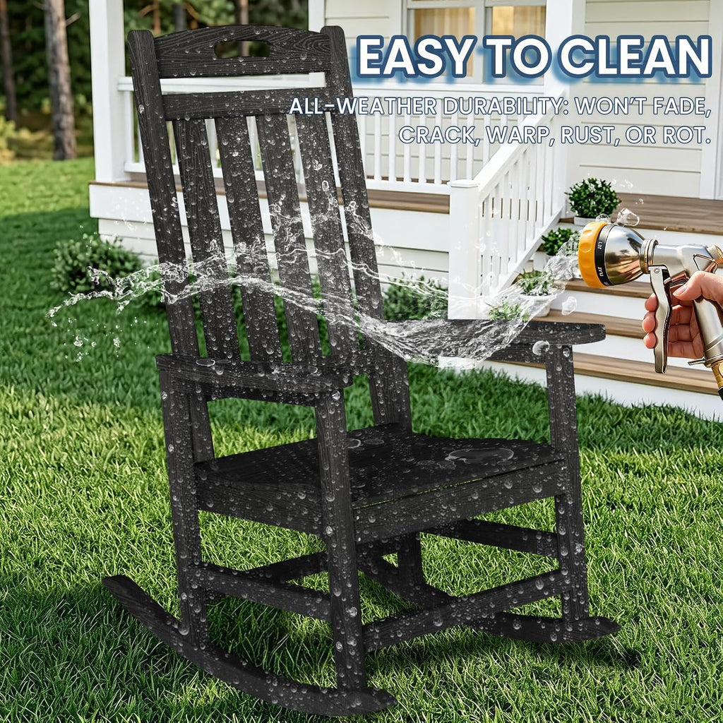 Outdoor Rocking Chair, High Back HDPE Patio Chair, All Weather Rocker Porch Chair, Lawn Chair for Deck, Porch