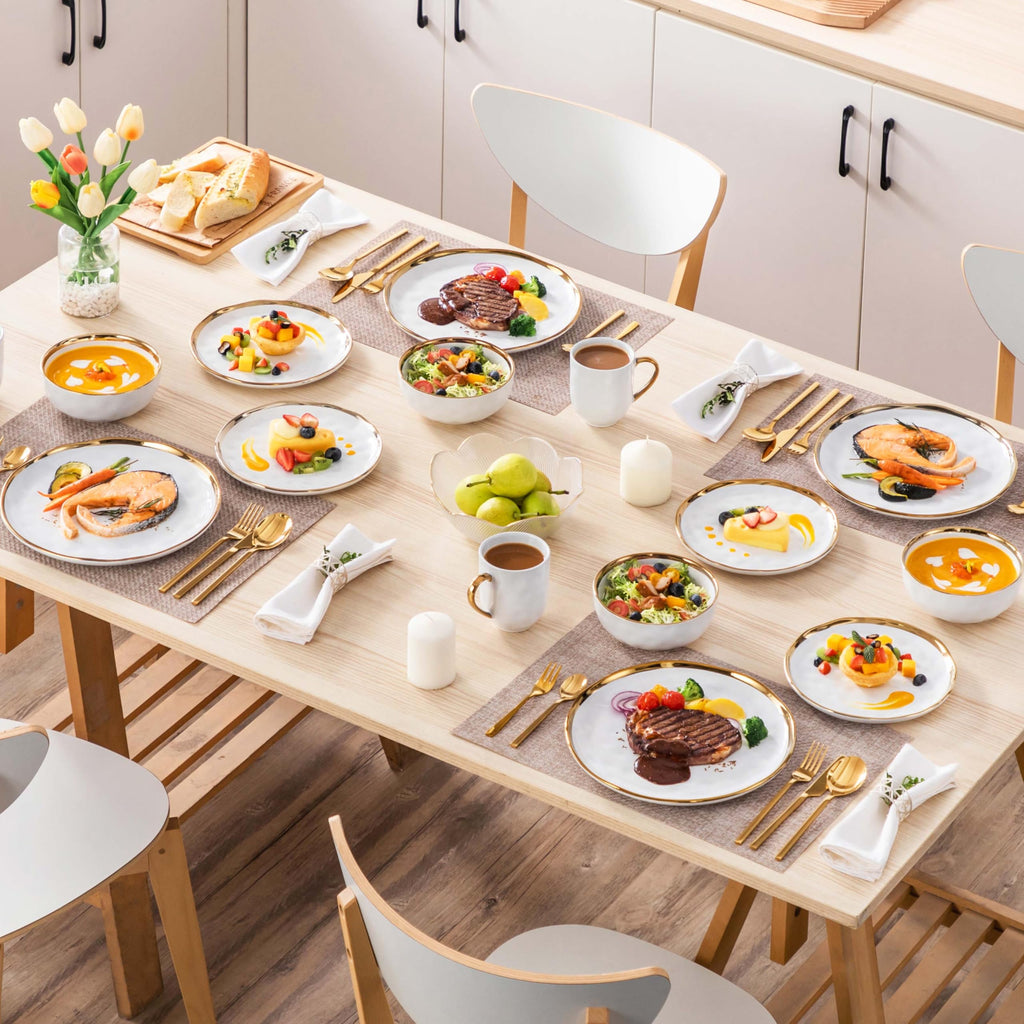 16 Pieces Plates and Bowls Sets, Porcelain White and Gold Dinnerware Sets, Round Dinner Plates Dishes Set Service